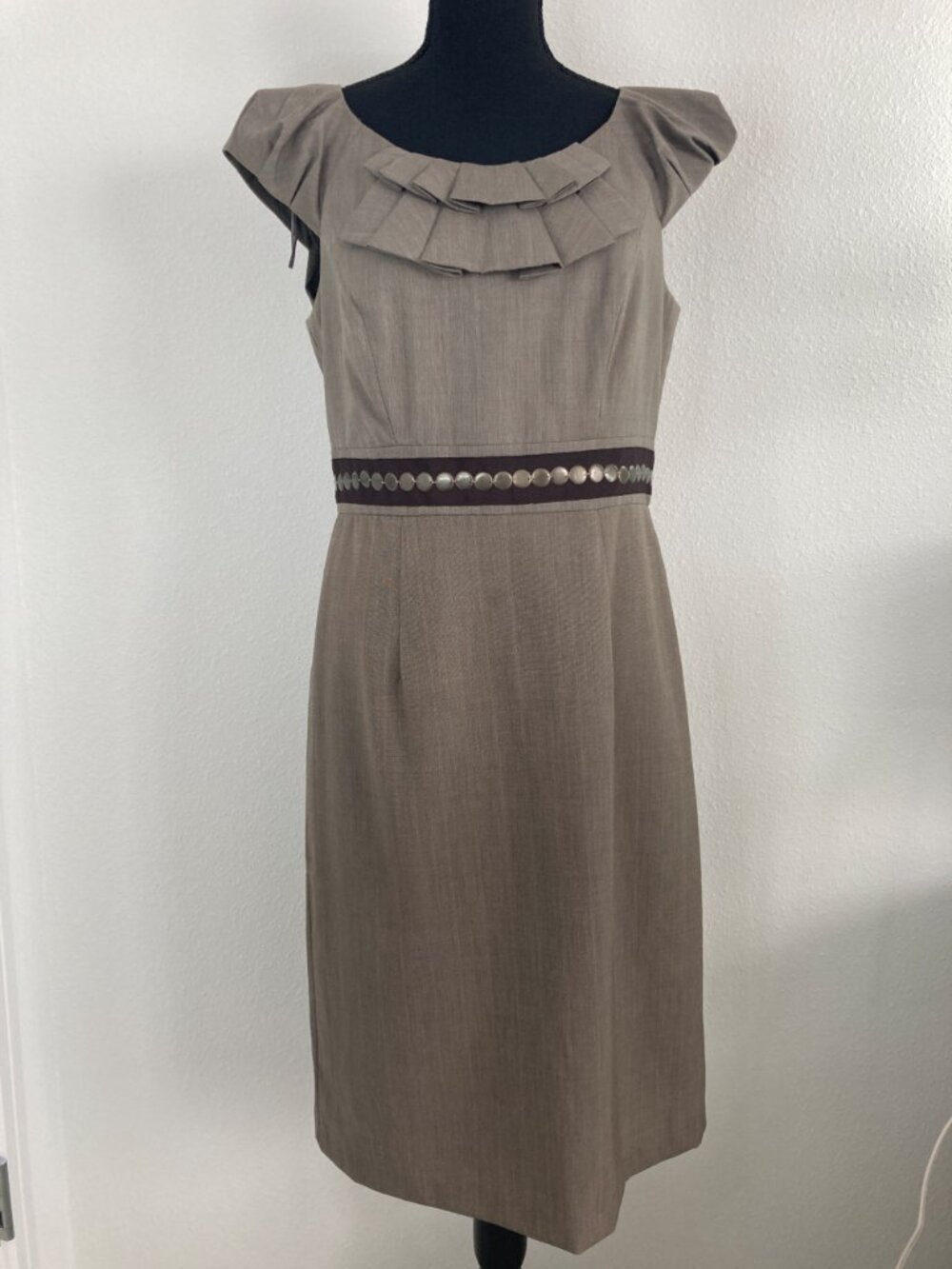 Jax Knee Length in Brown, Pleated Neckline, Waist and Shoulder Detail, Size 8